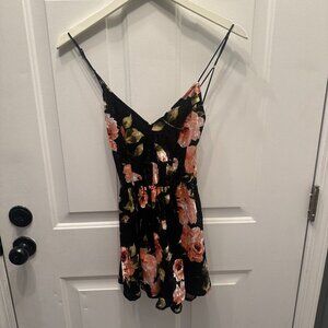 Black Crushed Velvet Romper with Pinkish Roses and Criss-Cross Back
